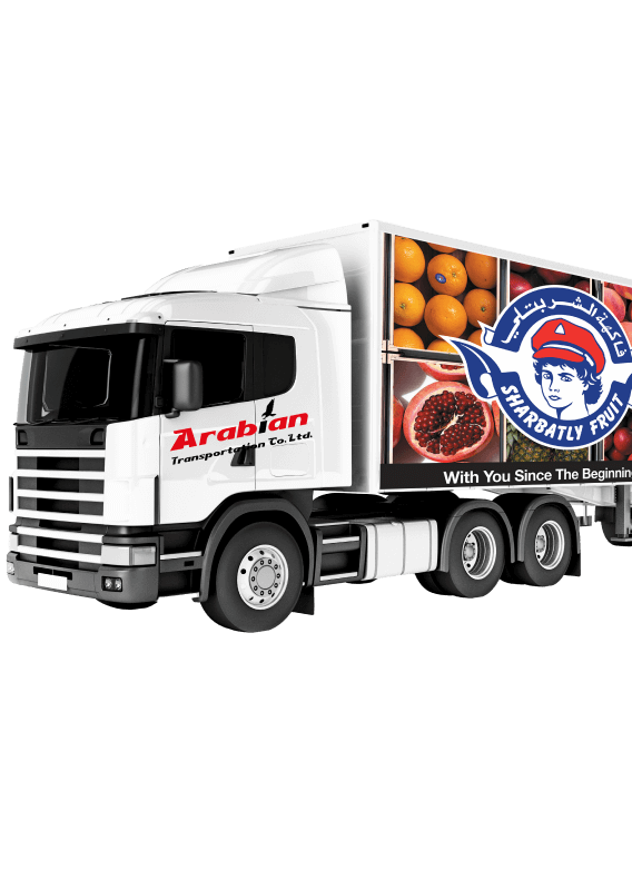 Truck delivering fresh produce, mineral water, and flowers in Saudi Arabia and Bahrain.